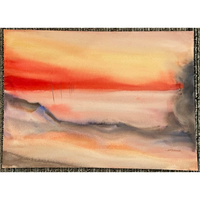 Reddish orange coastal sunset by Virginia artist Arthur Sembler (1911/12-1979). Watercolor on artist board, signed lower...