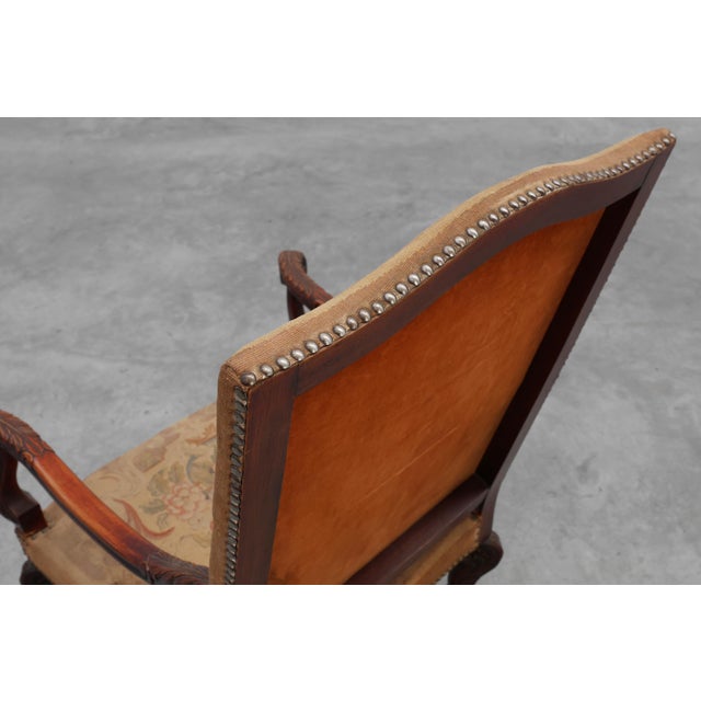 Brown Carved Walnut Armchair with Scrolling and Tapestry Upholstery, France, 1800 For Sale - Image 8 of 16