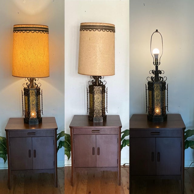 Pair Vintage Mid-Century Spanish Revival Table Lamps Wrought Iron Glass Panels, C. 60s For Sale - Image 9 of 12
