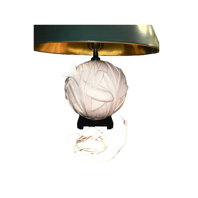 Chinese Vintage Coy Fish Relief Lamp With Green Shade For Sale - Image 3 of 10