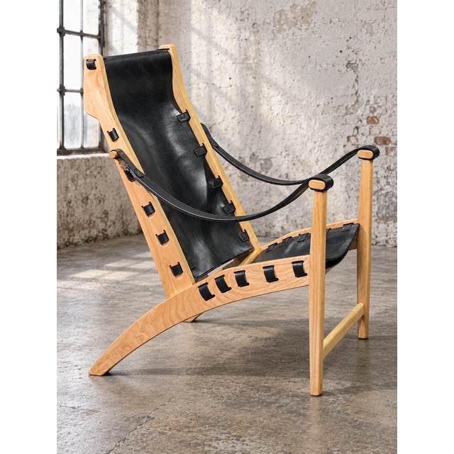 Contemporary Celtia Black Leather and Solid Wood Lounge Chair For Sale - Image 3 of 3