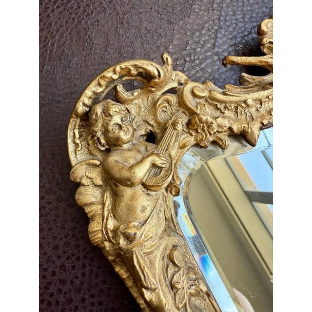 Antique Italian Rococo-Style Table Mirror With Gilded Metal Frame, Featuring Putti (Cherubs) Decor and Floral Painting For Sale - Image 11 of 13