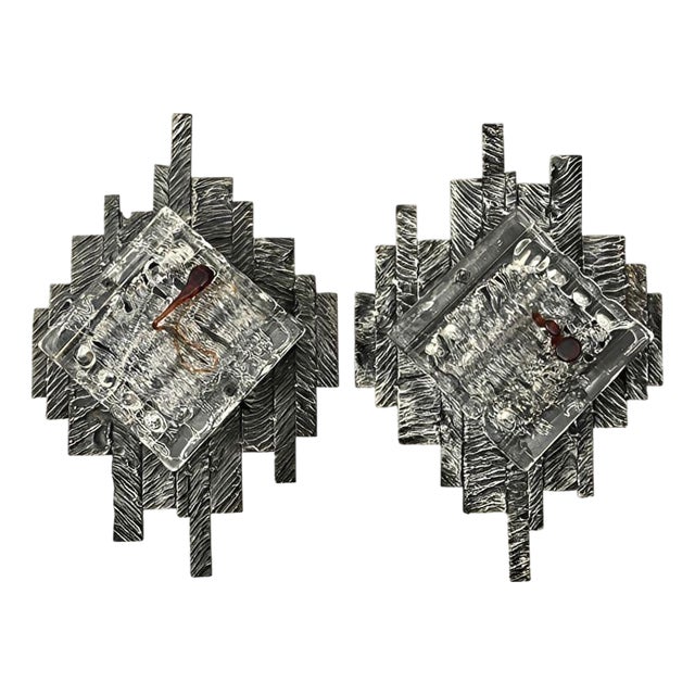 Pair Italian Brutalist Glass Sconces by Albano Poli for Poliarte Italy, 1970's. For Sale