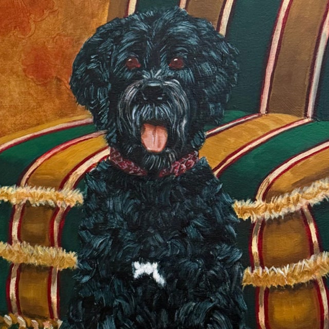 Pair of Large Original Oil Portraits of a Portuguese Water Dog on a Striped Bergère For Sale - Image 4 of 15
