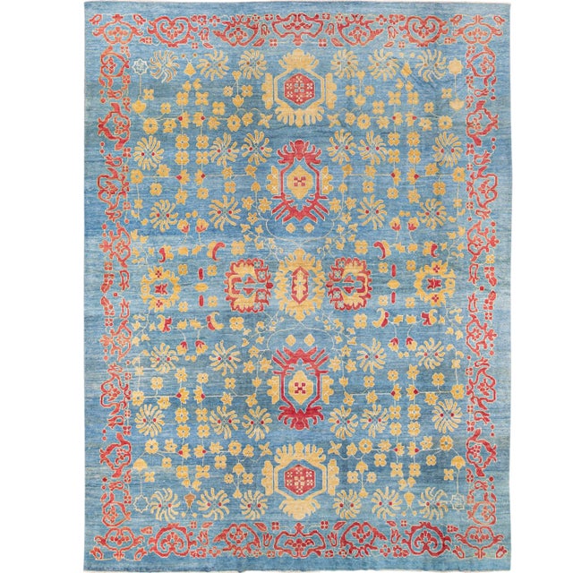Modern Oushak Handmade Floral Blue Oversize Wool Rug For Sale