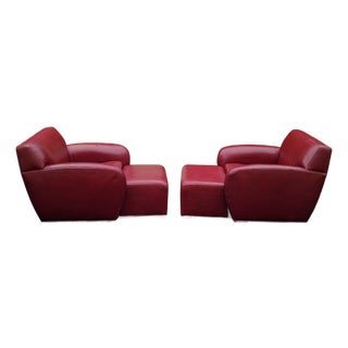 Stunning Pair of Vintage Italian Leather Club Chairs With Two Matching Ottomans by Cabot Wrenn For Sale