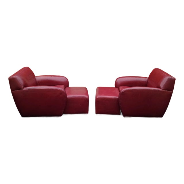 Stunning Pair of Vintage Italian Leather Club Chairs With Two Matching Ottomans by Cabot Wrenn For Sale
