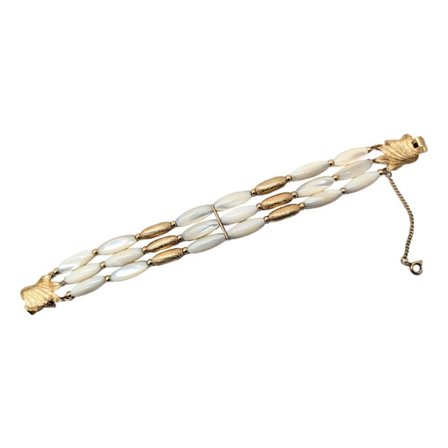 Vintage Signed Napier Goldtone Mother-of-Pearl Beaded Bracelet For Sale