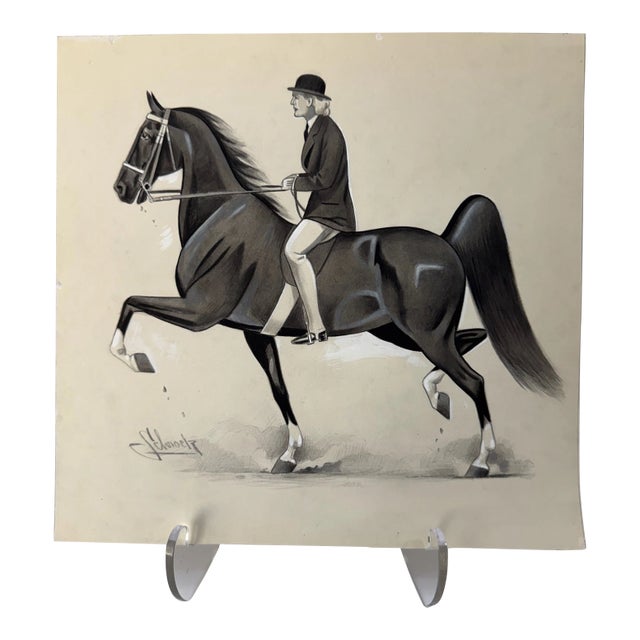 Original Signed Graphite Illustration of Saddlebred Horse & Rider, 11 × 10.5 In. For Sale