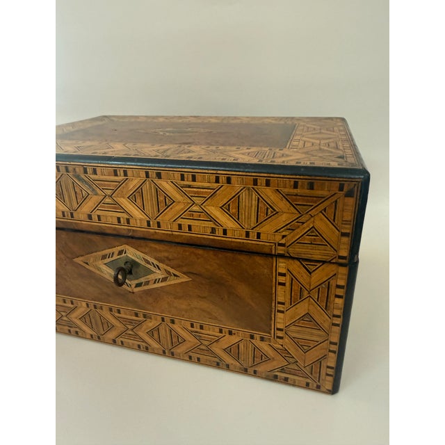 English Antique Marquetry Inlaid Wooden Jewelry Box For Sale - Image 3 of 16