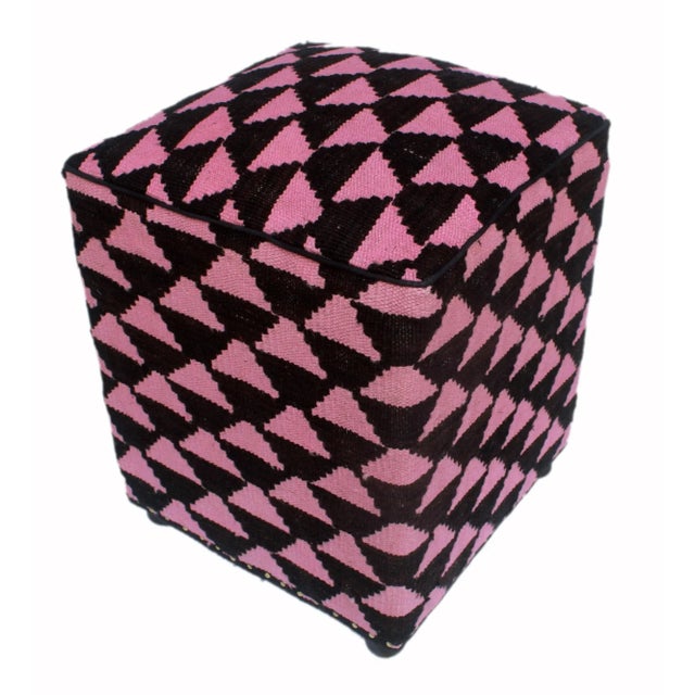 Wood Arshs Diedra Black/Pink Kilim Upholstered Handmade Ottoman For Sale - Image 7 of 8