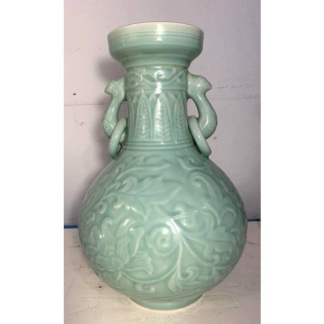 Celadon 1970s Large Vintage Celadon Urn/Vase With Peacock Handles For Sale - Image 8 of 9