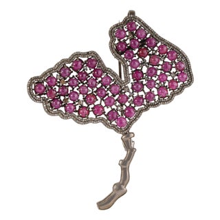 Art Deco Style Tutti Frutti Ruby & Diamond Ginkgo Leaf Brooch Pendant in Sterling Silver For Sale