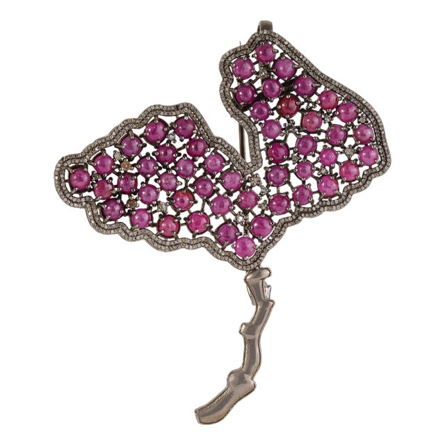 Art Deco Style Tutti Frutti Ruby & Diamond Ginkgo Leaf Brooch Pendant in Sterling Silver For Sale