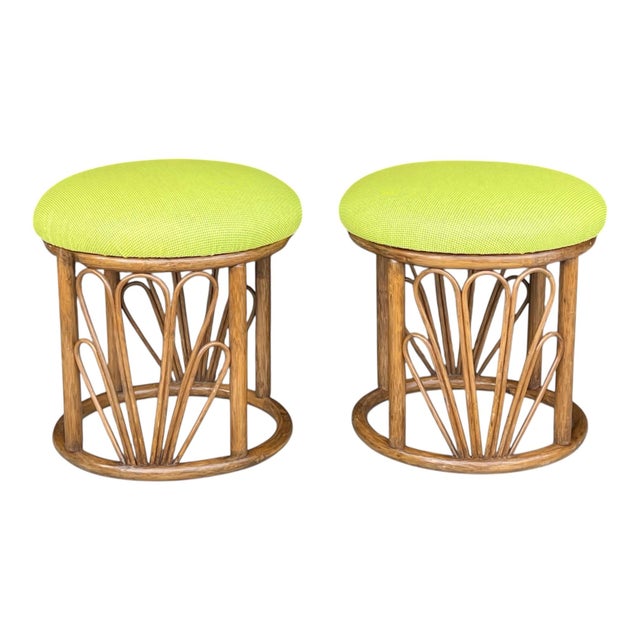 1970s 1960s Bamboo Ottomans With Lemon Upholstery- A Pair For Sale - Image 5 of 12