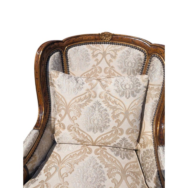 Rene Cazares Late 20th Century French Provincial Louis XV Style Carved Wingback Bergère Chair in Damask For Sale - Image 4 of 12