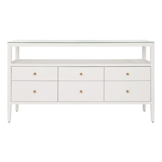 Matthew Izzo Home Jordan White Textured Linen Six Drawer Console Table With Glass Top and Polished Brass Knobs For Sale