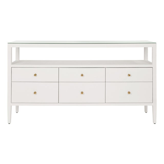 Matthew Izzo Home Jordan White Textured Linen Six Drawer Console Table With Glass Top and Polished Brass Knobs For Sale