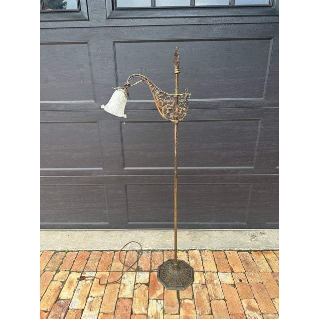 Early 20th Century Ornate Adjustable Bridge Arm Floor Lamp With Glass Shade For Sale - Image 4 of 7