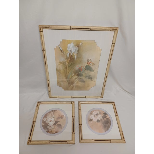 Beige Vintage Floral Print Set With Bamboo Look Frames - Set of 3 For Sale - Image 8 of 12