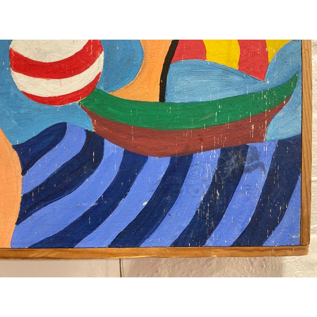 Wood Vintage Mid Century Modernist Folk Art Painting | Framed Original Mid Century Modern Artwork, C. 1972 For Sale - Image 7 of 13