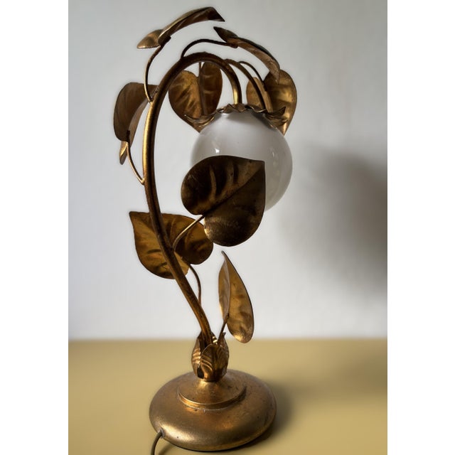 Vintage Hollywood Regency Table Lamp in Gilded Metal & Opaline Glass, Germany, 1970s For Sale - Image 4 of 11