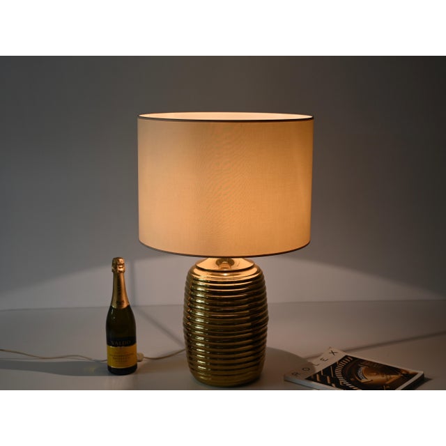 Mid-Century Italian Table Lamp in Brass with Beige Lampshade by Tommaso Barbi, 1970s For Sale - Image 13 of 16