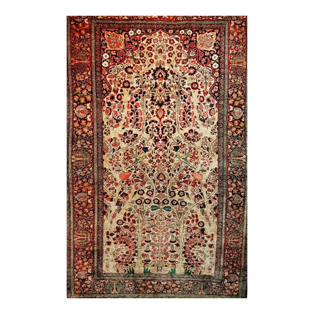 Antique Persian Kashan Rug, Hand-Knotted Wool, Tree of Life Design, Ivory & Burgundy, 4x7 For Sale