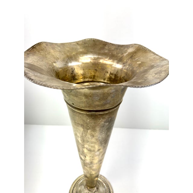 Antique Silver-Plated Tall Trumpet Vase With Fluted Rim For Sale - Image 11 of 11