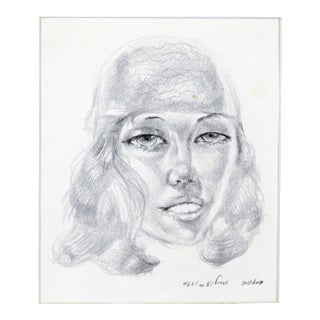 Bohemian Woman - Rare and Signed Graphite Portrait Drawing on Textured Paper by Eugene Hawkins For Sale