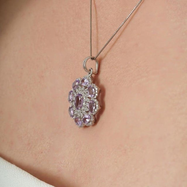 Elegant Floral Amethyst Pendant With Cubic Zirconia Accents - Caratandher For Sale - Image 4 of 14