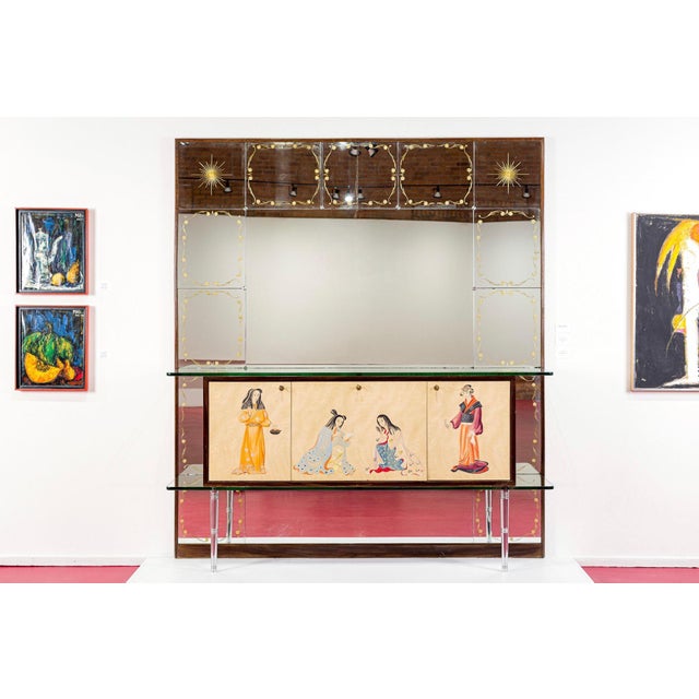 Mid-Century Modern Mid Century Mirrored Bar Cabinet Credenza With Asian Motif, Made in Italy For Sale - Image 3 of 15