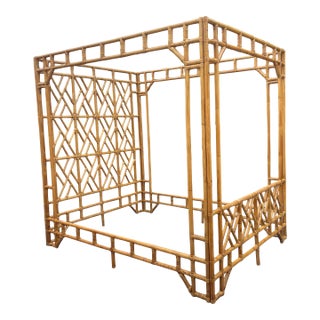 1970s Vintage Rattan Bamboo Canopy Bed, Queen Size With Chippendale Fretwork For Sale