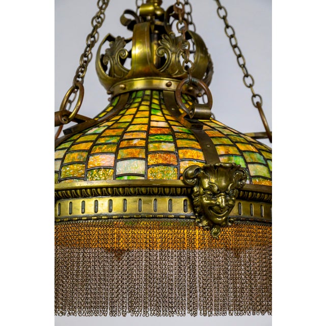 19th Century Victorian Art Nouveau Green Slag Glass & Brass Mascaron Pendant Light With Chain Fringe For Sale - Image 9 of 13