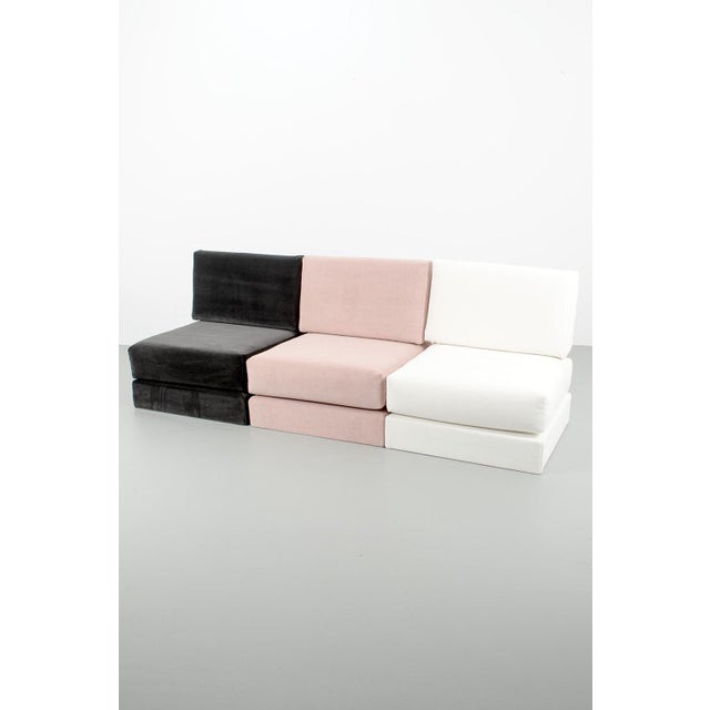 Refurbished modular lounge chair with new velvet upholstery. The loose cushions are held together by a metal hook frame....