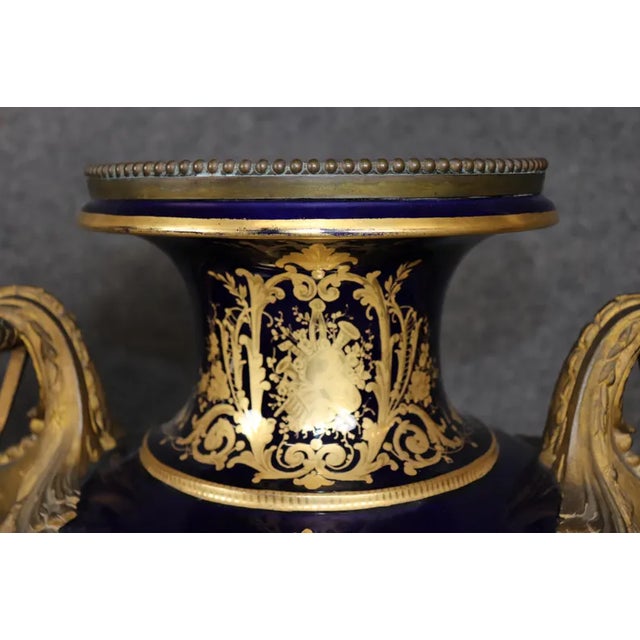 Palatial 19th Century French Cobalt Blue Porcelain Vases - Attributed to Sèvres (Pair) For Sale - Image 13 of 15