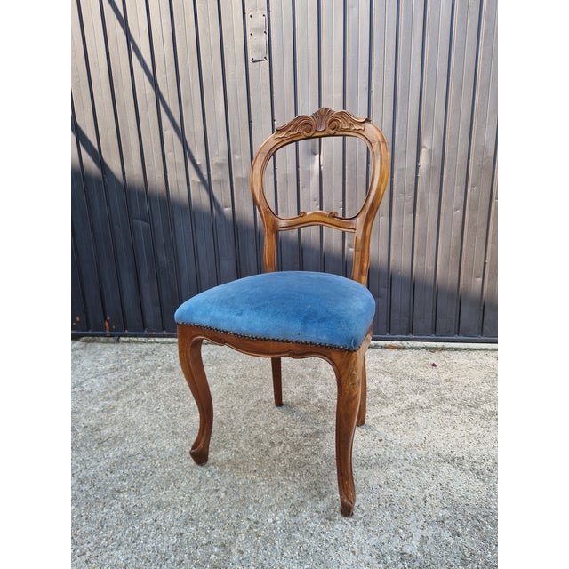 Louis Philippe Chairs in Walnut and Blue Velvet, 1950s, Set of 5 For Sale - Image 10 of 15