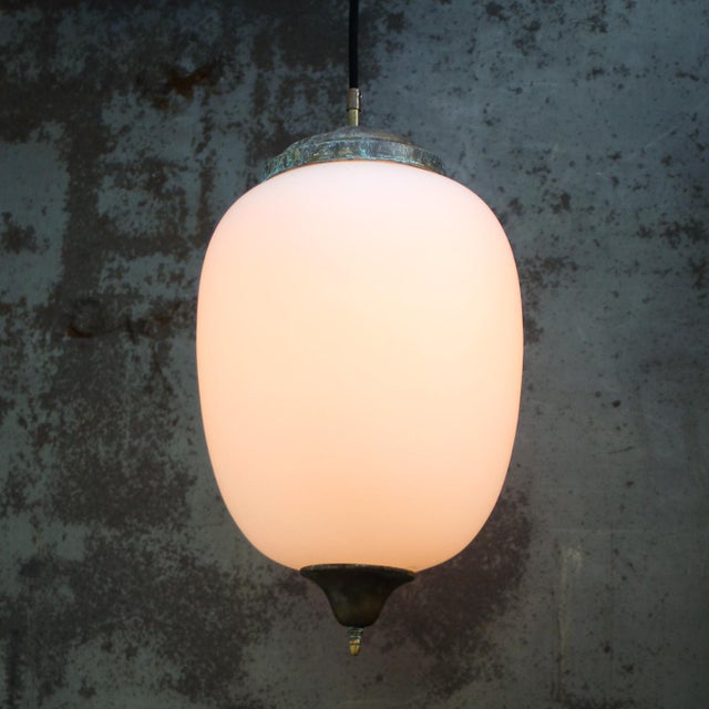 Aged Brass and White Mat Opaline Glass Pendant Light For Sale - Image 3 of 9