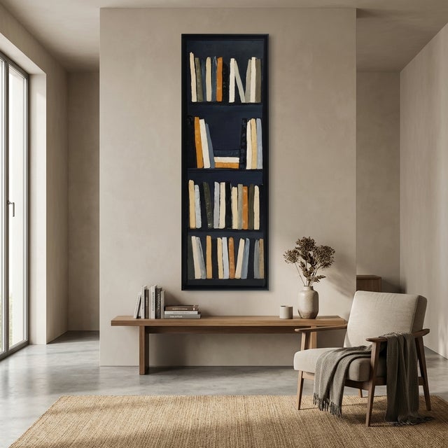 Chronique De L'esprit, Abstract Bookshelf Painting in Neutral Tones, Framed in Black, Contemporary, Framed by Sophie Dumont For Sale - Image 9 of 10