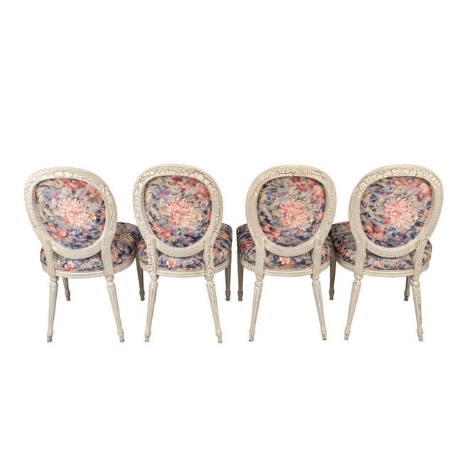 1980s French Style Shabby Chic Dining Chairs Floral Upholstery Distressed Crackle Finish - Set of 4 For Sale - Image 12 of 18