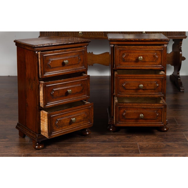 Wood Pair of Italian 1860s Walnut Petite Commodes with Three Drawers and Bun Feet For Sale - Image 7 of 12