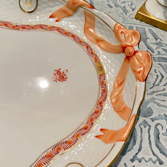 White 1980s Herend Hungary Chinese Bouquet Apponyi Rust ribbon tray // handpainted luxury china // made in Hungary // fine china // tea set For Sale - Image 8 of 10