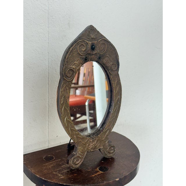 1920s Antique French Repoussé Metal Table Mirror With Green Glass Accents, C. 1900–1930 For Sale - Image 5 of 9