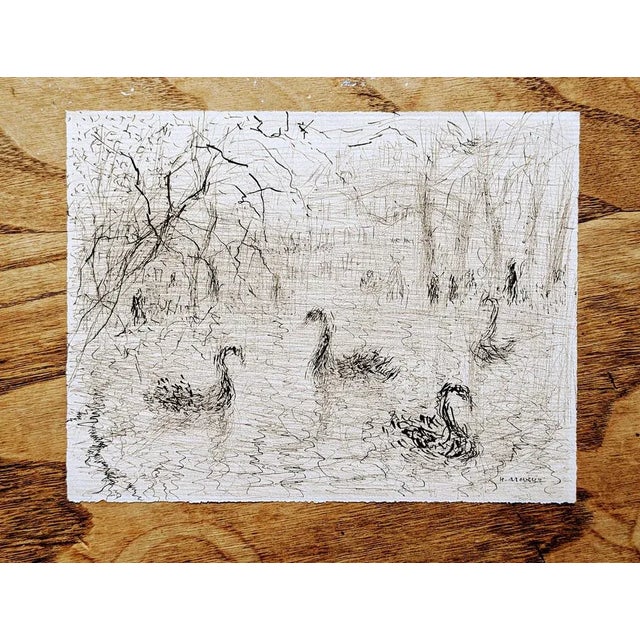 Helène Neveur, Swans on Lake, Original Hand-Signed Drawing in China Ink, Mid-20th Century For Sale - Image 5 of 5