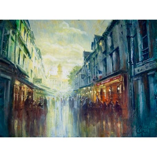 Honfleur Street by Christopher Clark | Oil and Acrylic on Wood Panel Street scene in Honfleur For Sale