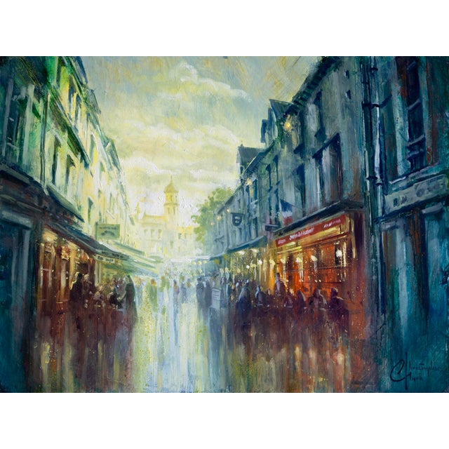 Honfleur Street by Christopher Clark | Oil and Acrylic on Wood Panel Street scene in Honfleur For Sale