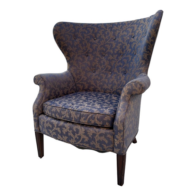 1960s Butterfly Wingback Chair Upholstered in Periwinkle Silk Fabric For Sale