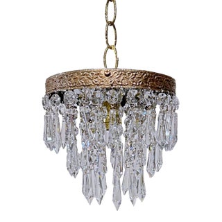 Vintage Tiered Crystal Upside Down Chandelier With Ornate Brass Crown For Sale