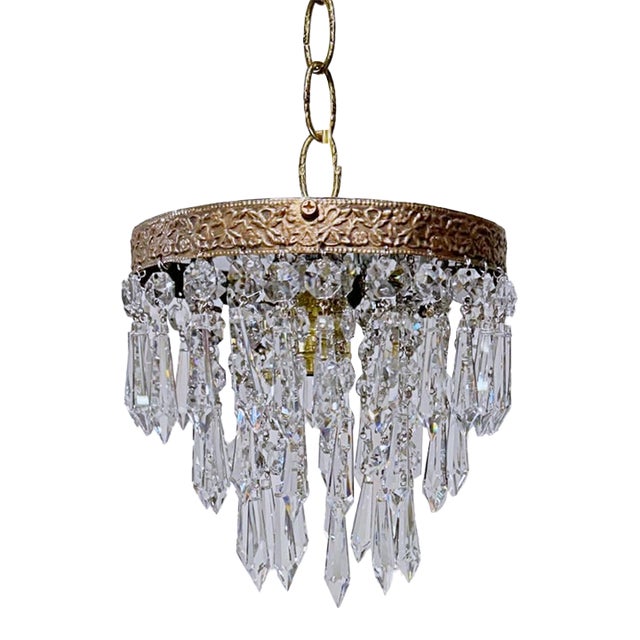 Vintage Tiered Crystal Upside Down Chandelier With Ornate Brass Crown For Sale