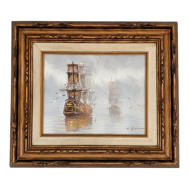 1960's Framed Nautical Ship Oil Painting by T. Garcia Chairish
